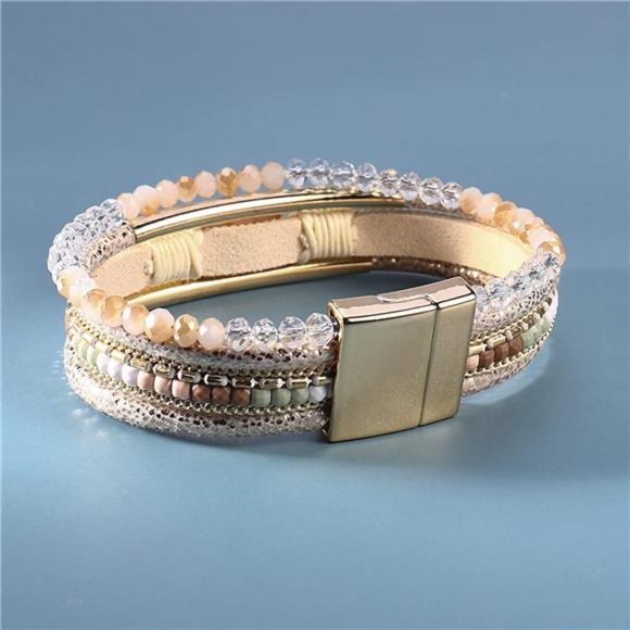 Crystal Beaded Leather Wrap Bracelet - Boho Cuff Stone Charm Bracelet - Picture 6 of 7